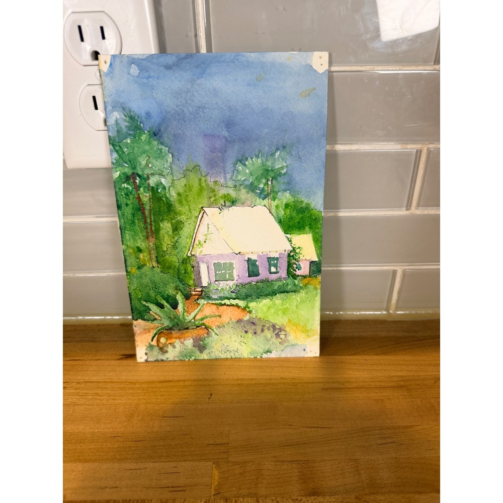 Original Watercolor Painting Tropical Cottage Landscape Cabin Art 5.5x9.25